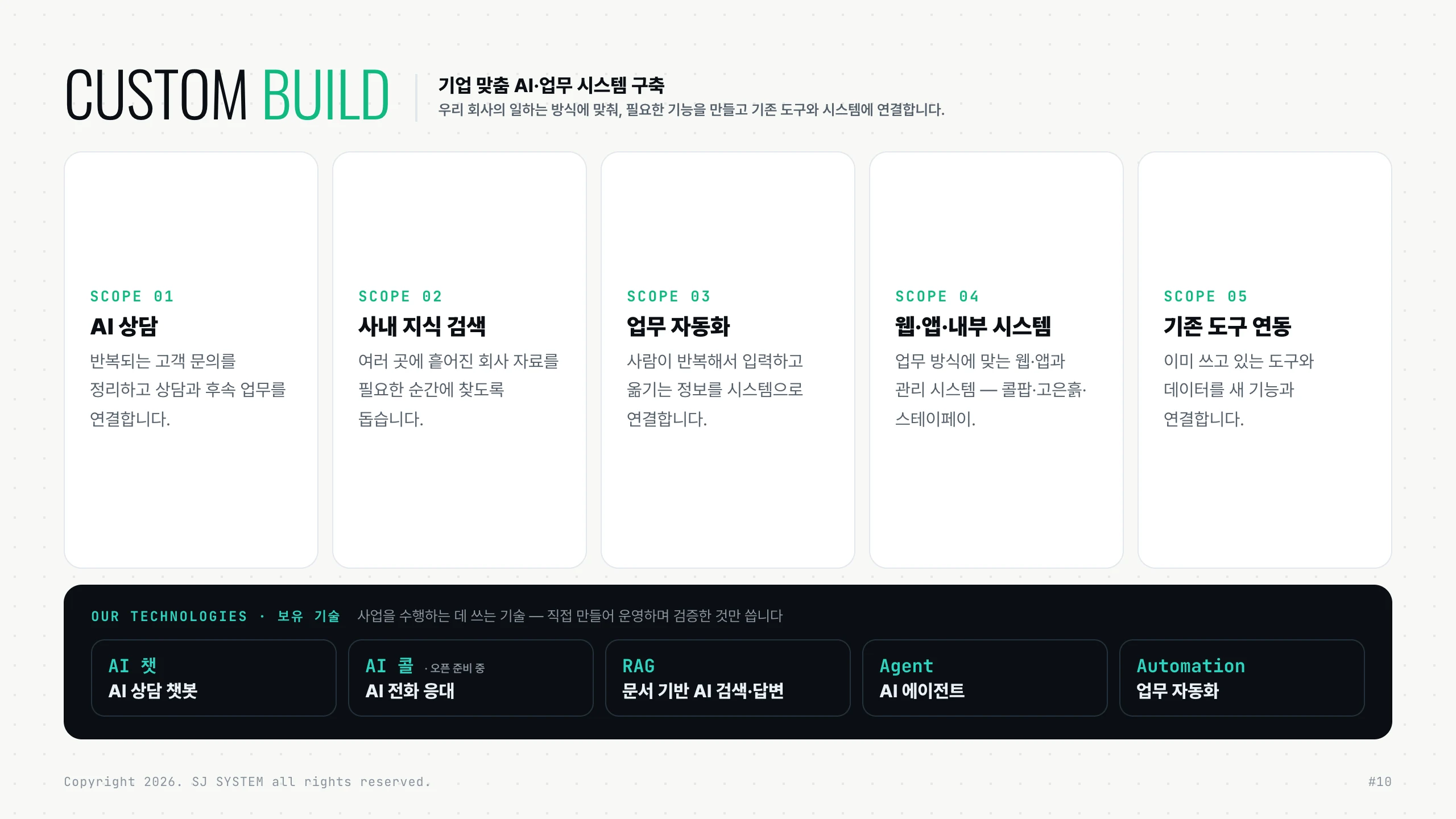 Custom build — AI support, internal knowledge search, workflow automation, web, apps and internal systems, tool integration, plus our technologies